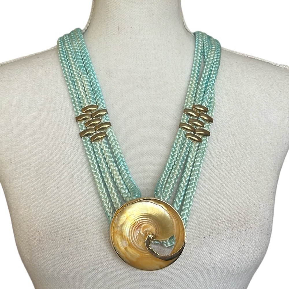 Handmade Rope & Gold Metal Necklace / Belt w/ Pearlized Round Pendant / Buckle